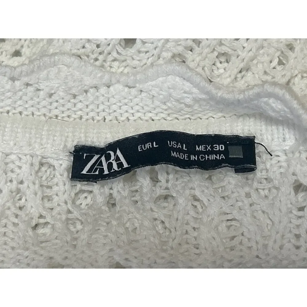 Zara White Long Bell Sleeve Open Knit Crochet Crew Cover Up Blouse Top Size L
